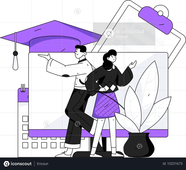 Girl and Boy taking Online graduation course  Illustration