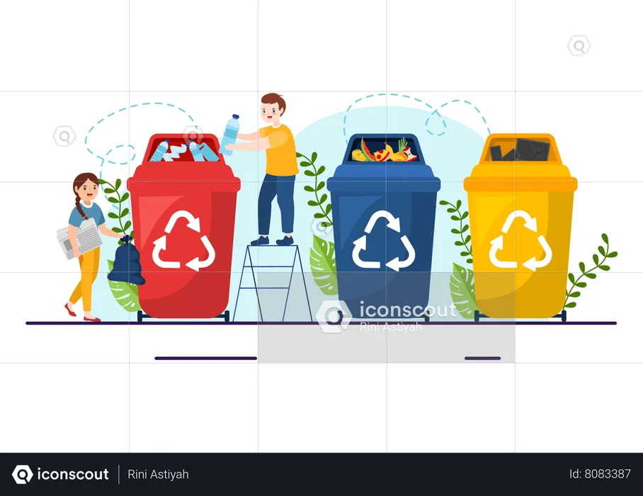 Girl and boy throwing waste in recycle bin  Illustration