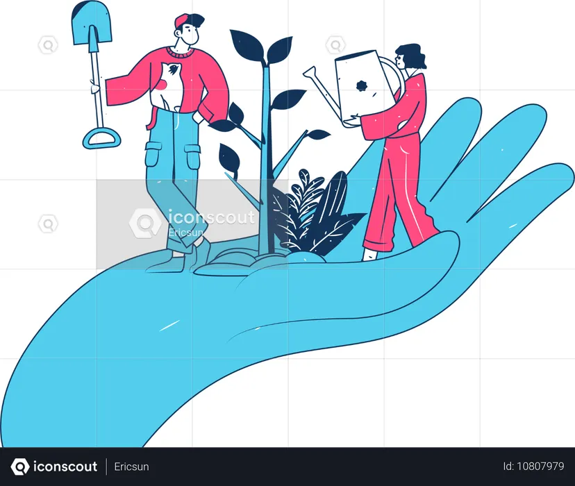 Girl and boy watering plant and caring plant  Illustration