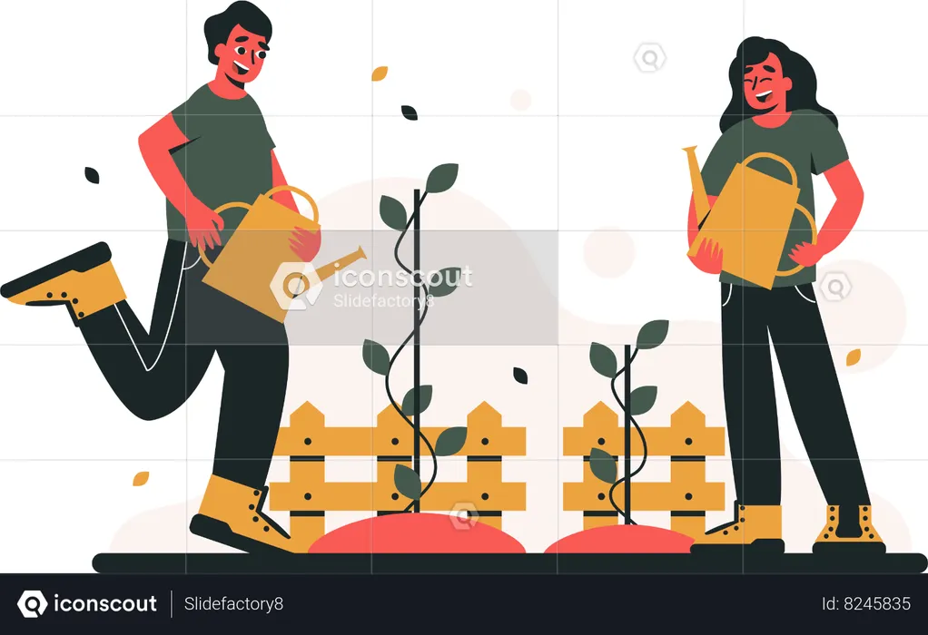 Girl and boy  Watering Plant  Illustration