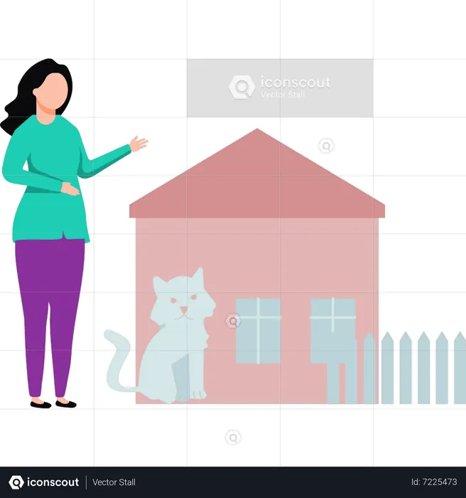 Girl and cat standing outside house  Illustration