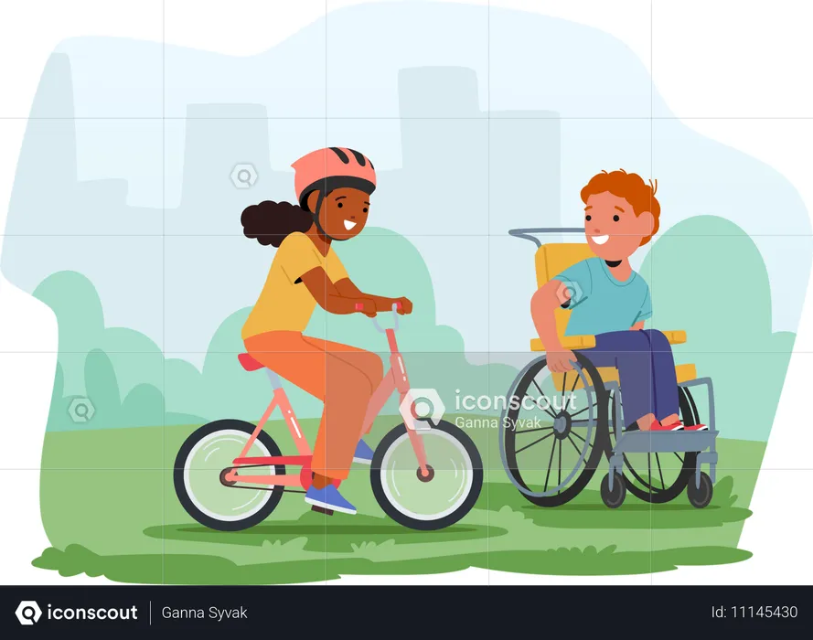 Girl And Disable Boy Enjoying Outdoor  Illustration