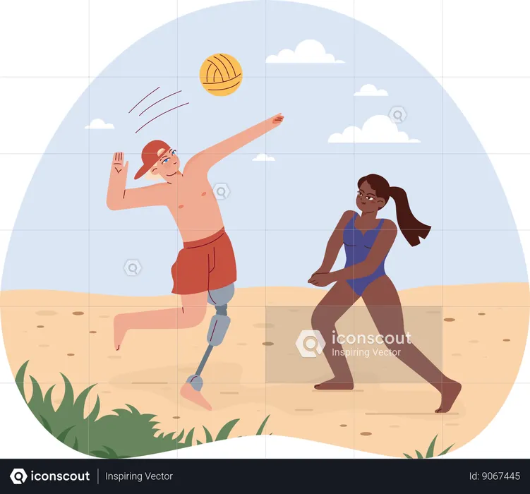 Girl and disabled man playing volley ball  Illustration