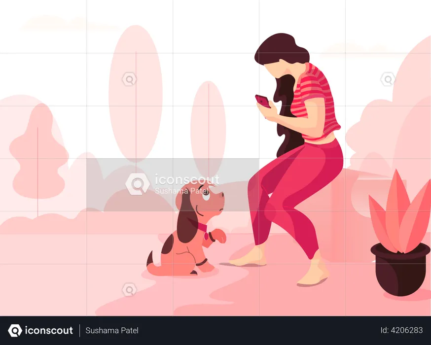 Girl and Dog sitting together  Illustration
