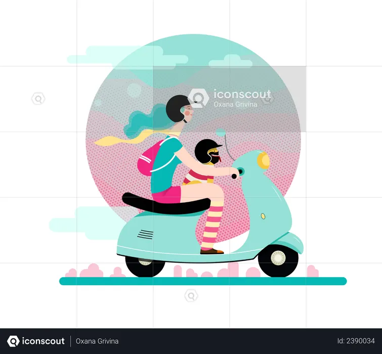 Girl and her pet riding scooter  Illustration