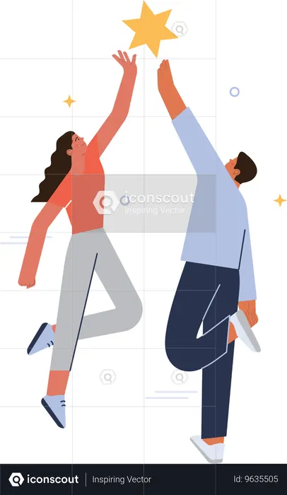 Girl and man achieving star  Illustration