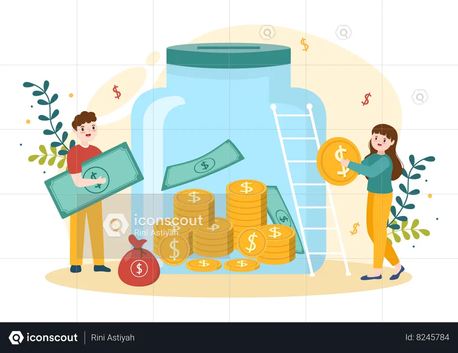 Girl and man collecting money in bottle  Illustration