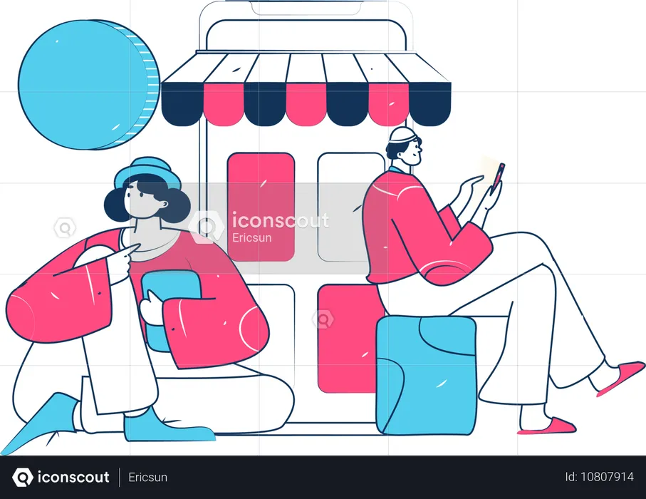 Girl And Man Doing Digital Shopping  Illustration