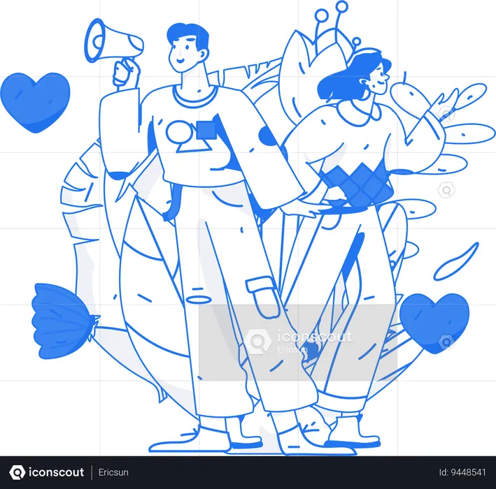 Girl and man doing Valentines marketing  Illustration