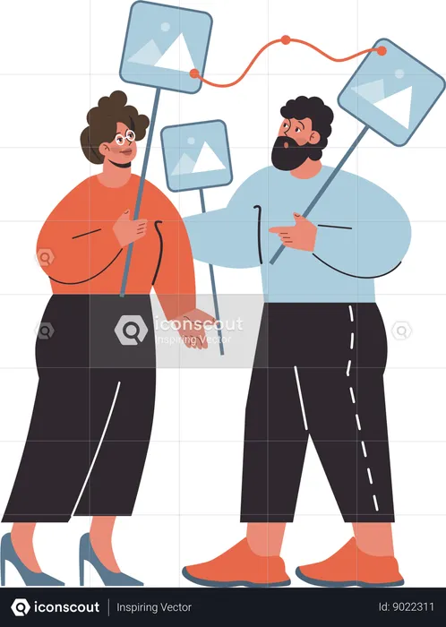 Girl and man holding image board  Illustration