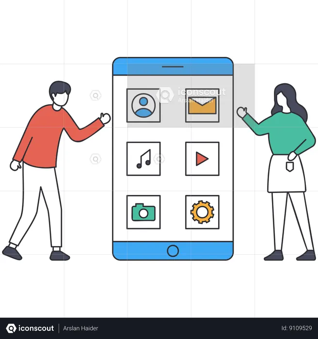 Girl and man showing mobile applications  Illustration