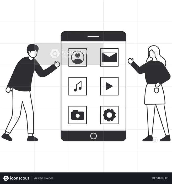 Girl and man showing mobile applications  Illustration
