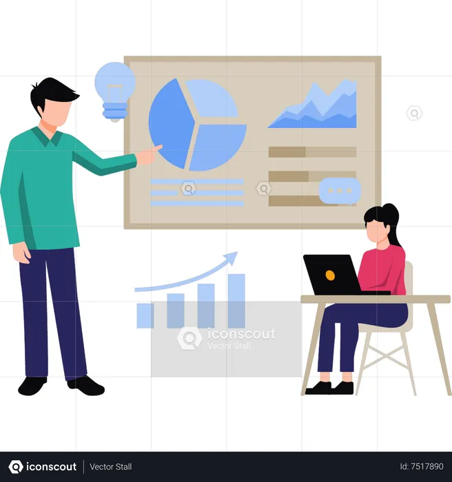 Girl and man  working on chart presentation  Illustration