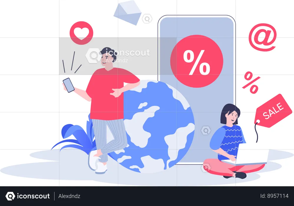 Girl and man working on sale marketing  Illustration