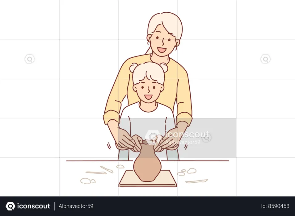 Girl and mother are making ceramic pot  Illustration