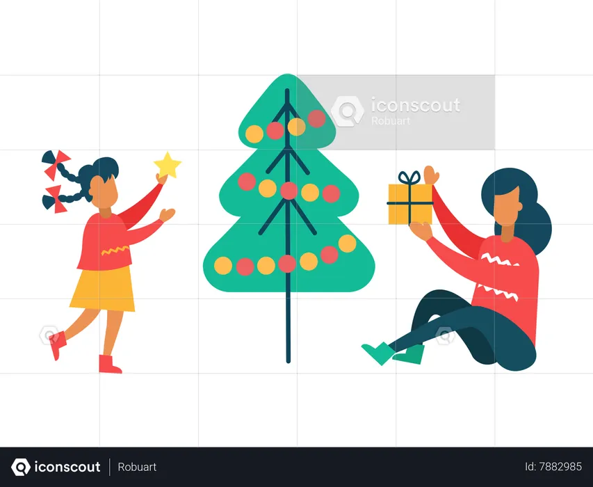 Girl and Mother Decorates chrsitmas Tree and christmas Gift  Illustration