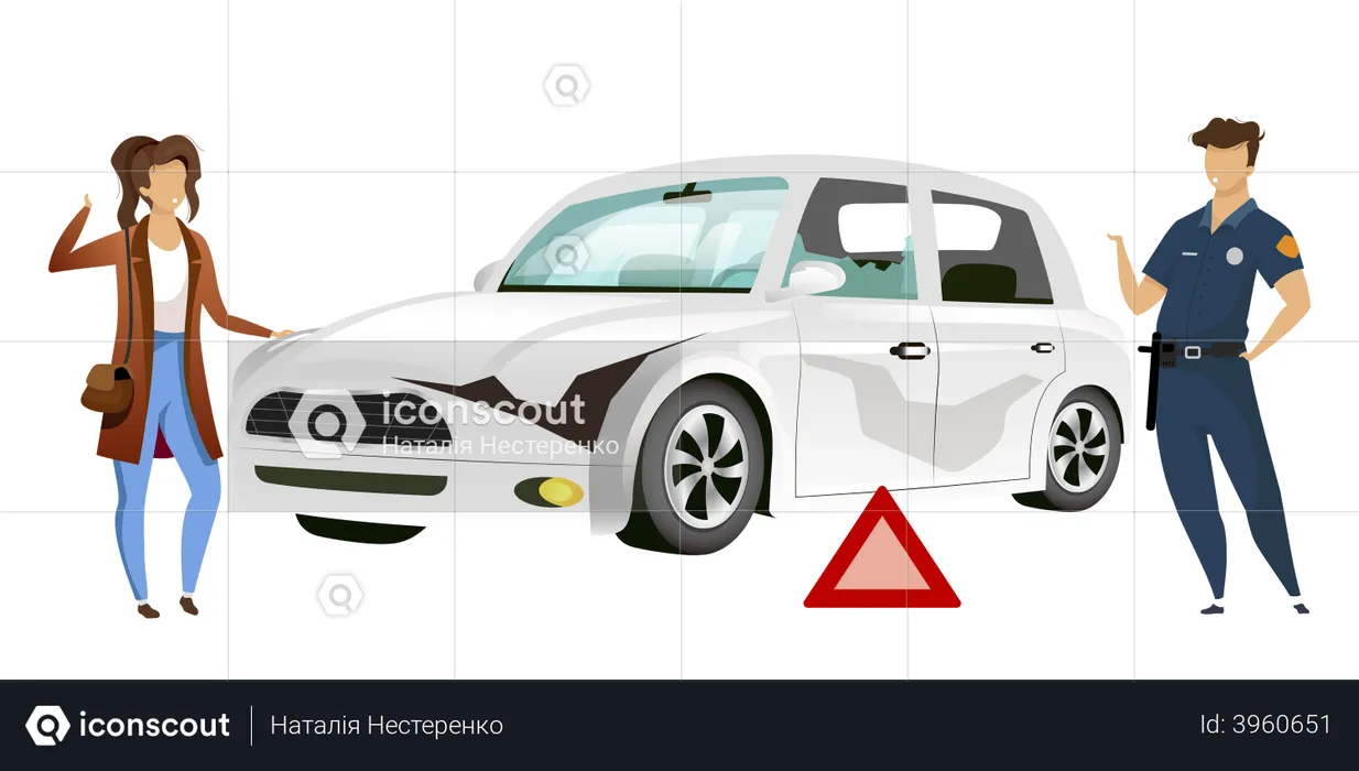 Girl and police standing at car accident  Illustration