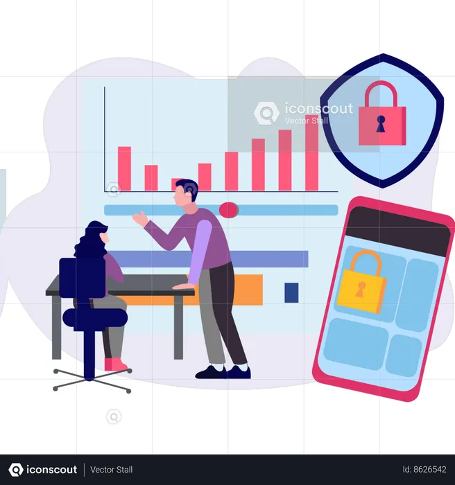 Girl and the boy are talking about security graph  Illustration