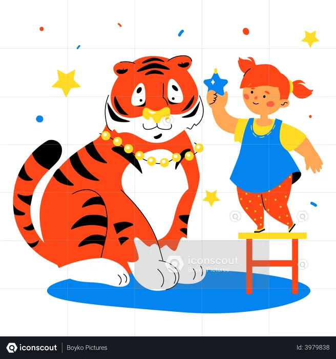 Girl and Tiger Preparing to Celebrate Winter Holidays  Illustration