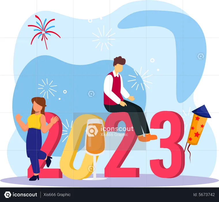 Girl And Young Boy Waiting For New Year 2023  Illustration