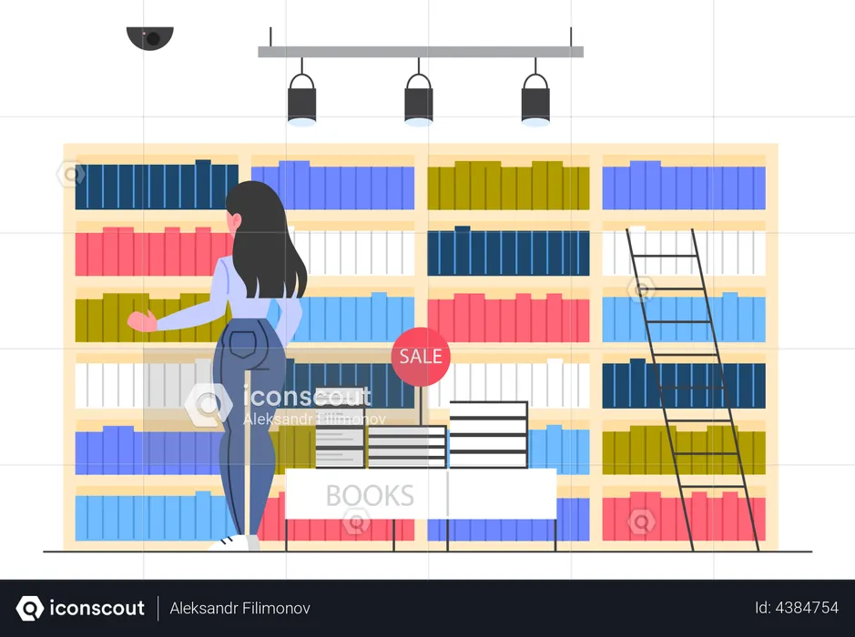 Girl arranging books in store  Illustration