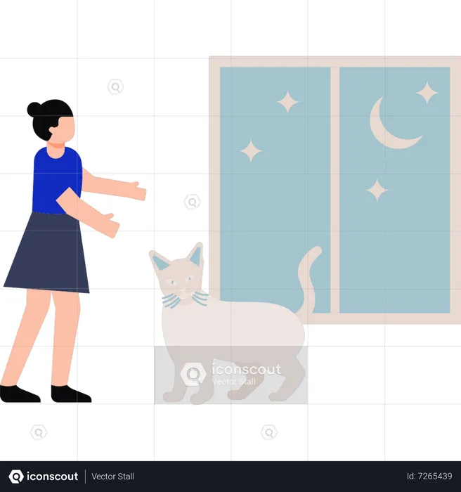 Girl asking cat to come  Illustration