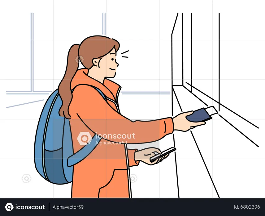 Girl at airport passport check terminal  Illustration