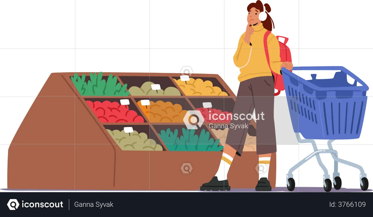 GIrl at grocery store thinking about what to buy  Illustration