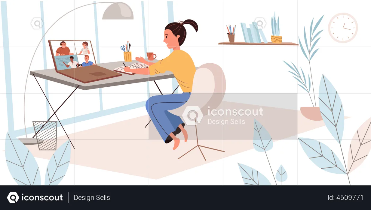 Girl Attending Online Class  Illustration