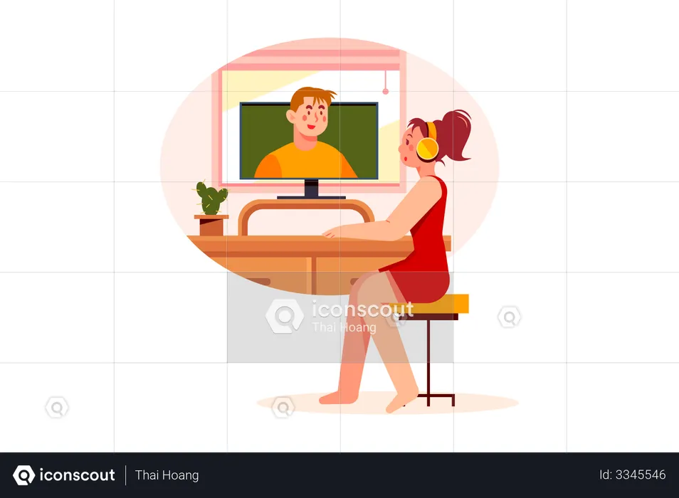 Girl attending video lecture  Illustration
