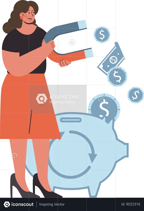 Girl attract money for piggy savings  Illustration