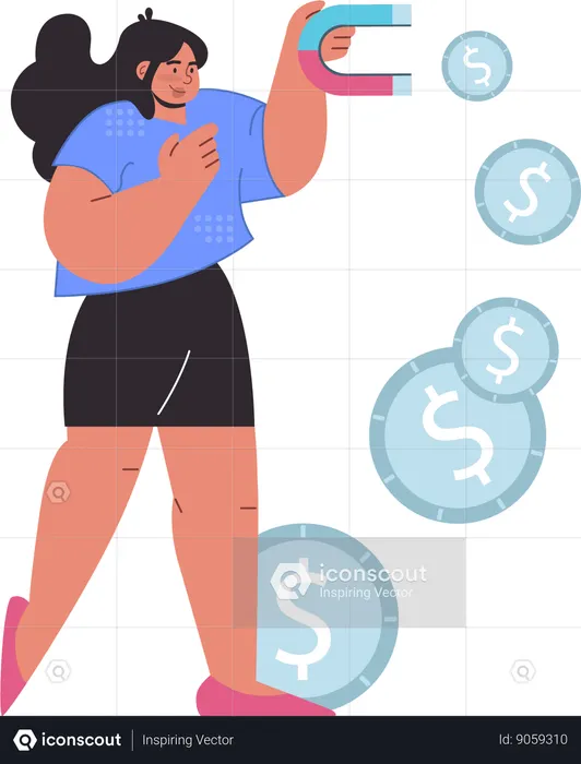 Girl attracting money using magnet  Illustration