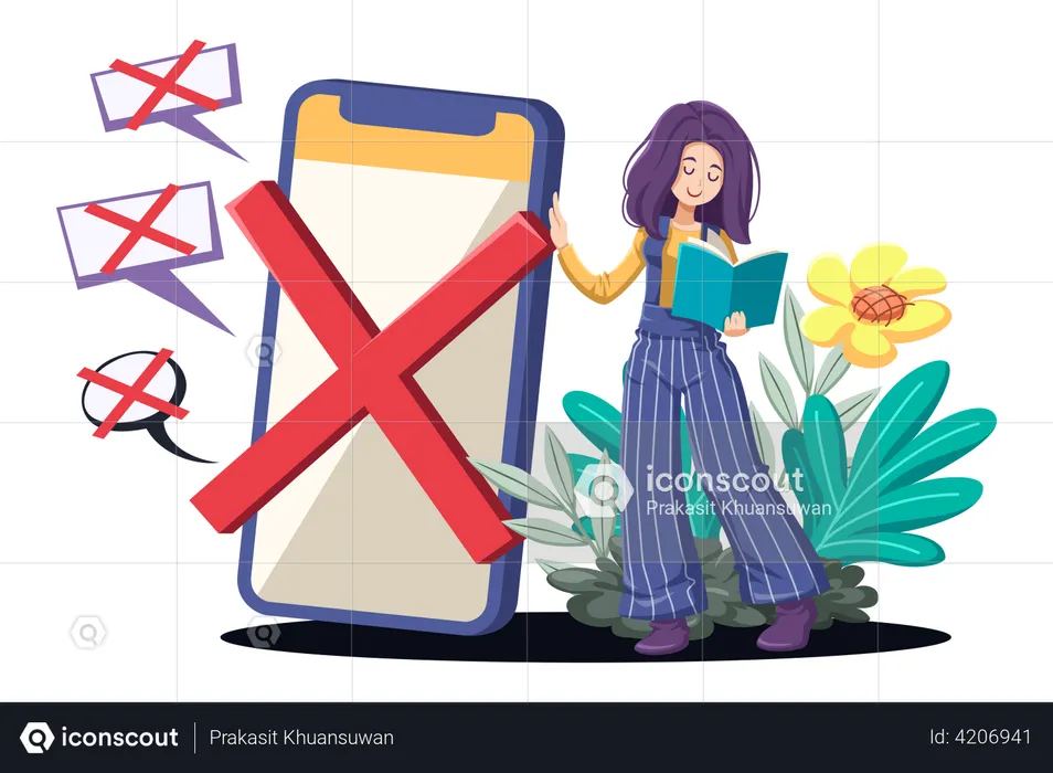Girl avoiding mobile and reading book  Illustration
