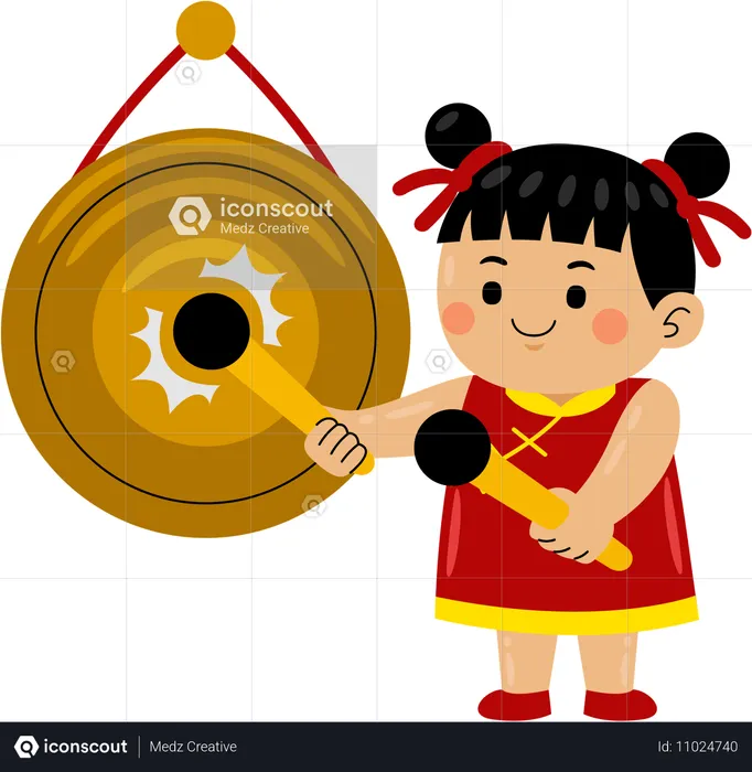 Girl banging chinese gong  Illustration