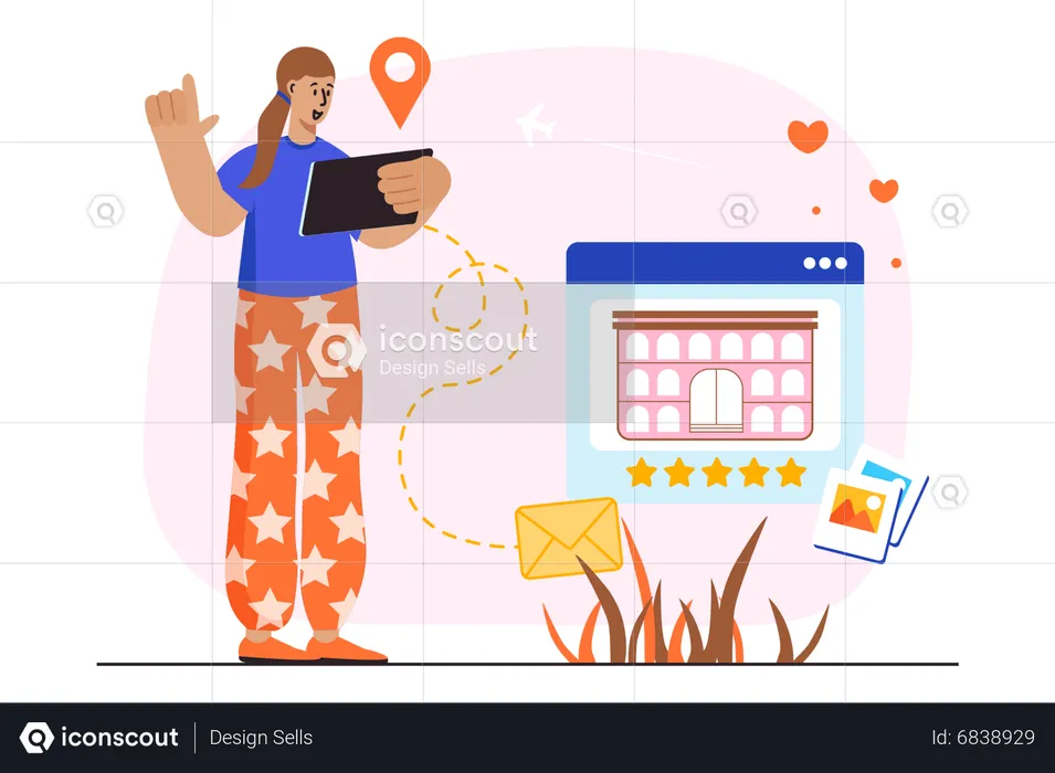 Girl booking five star hotel online  Illustration