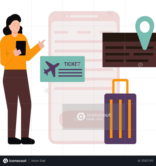 Girl booking tickets for vacation online  Illustration