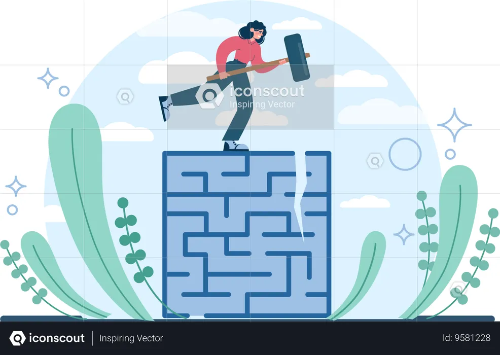 Girl broken way of maze game from hammer  Illustration