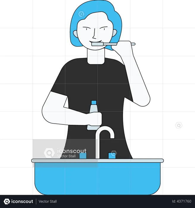 Girl brushing teeths at bathroom sink  Illustration