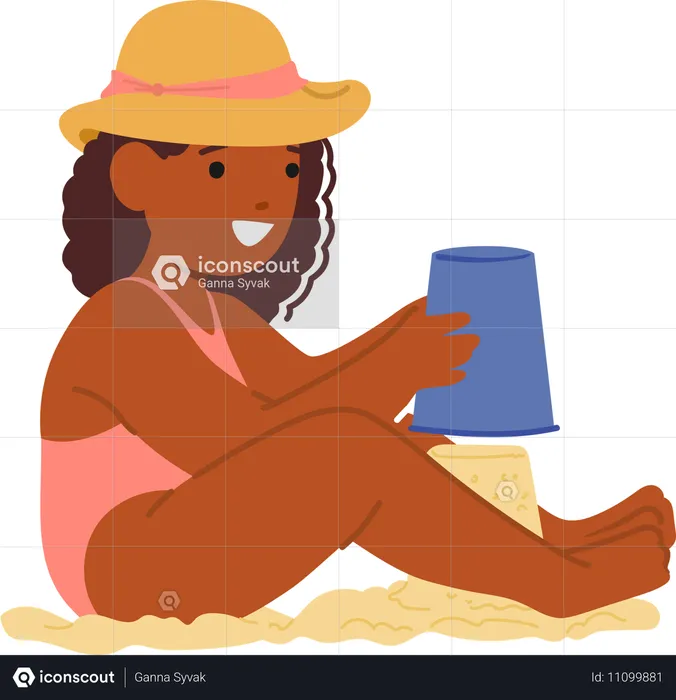 Girl Building Sand Castle On Beach  Illustration