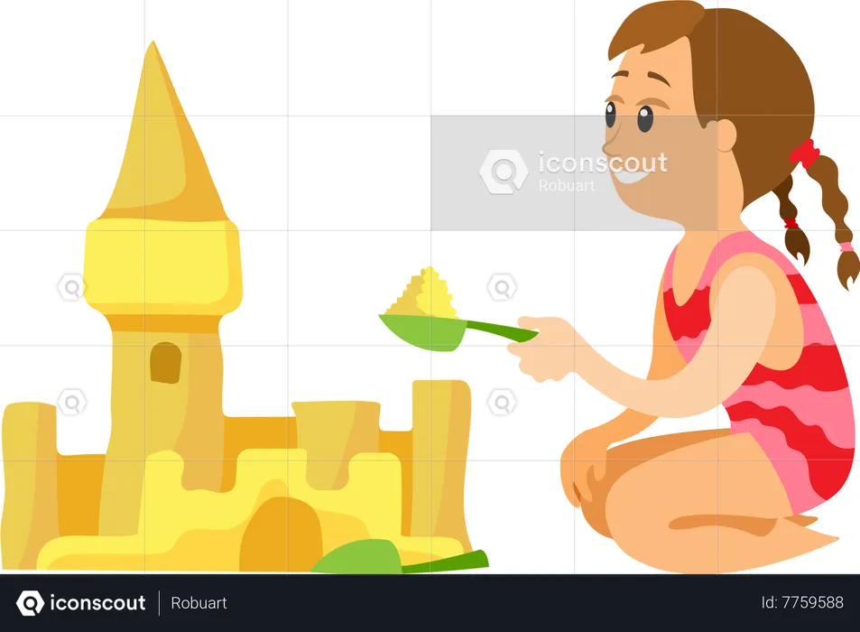 Girl Building Sand Castle with Scoop  Illustration
