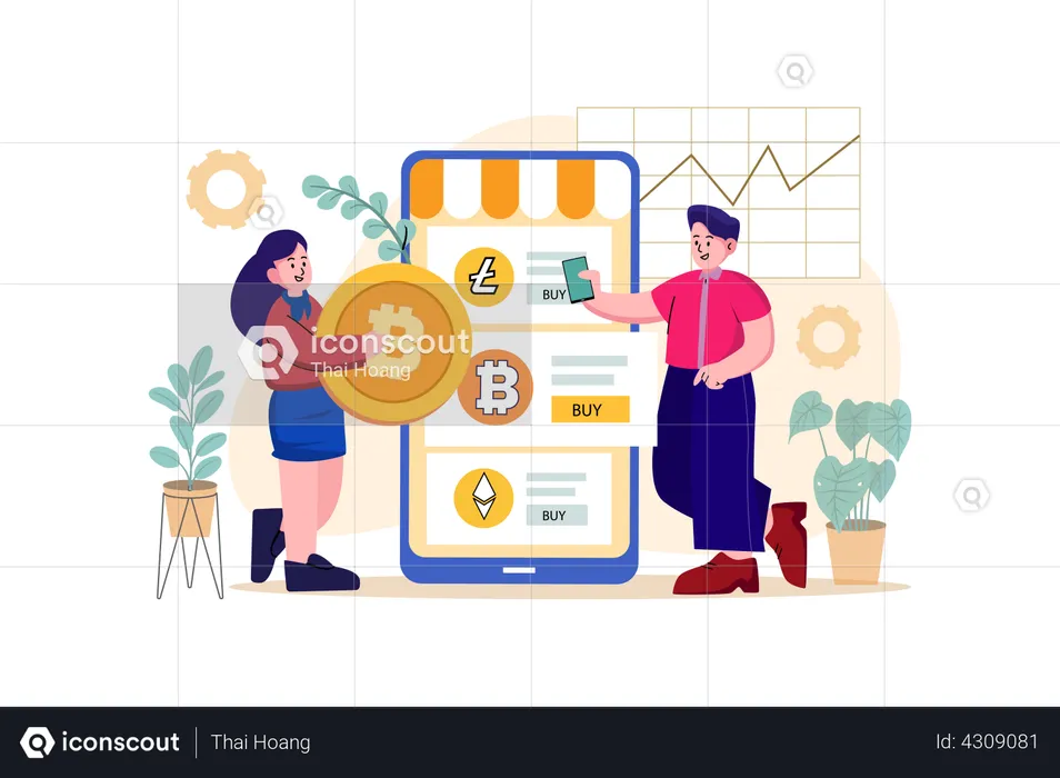 Girl buying bitcoin from cryptocurrency exchange  Illustration