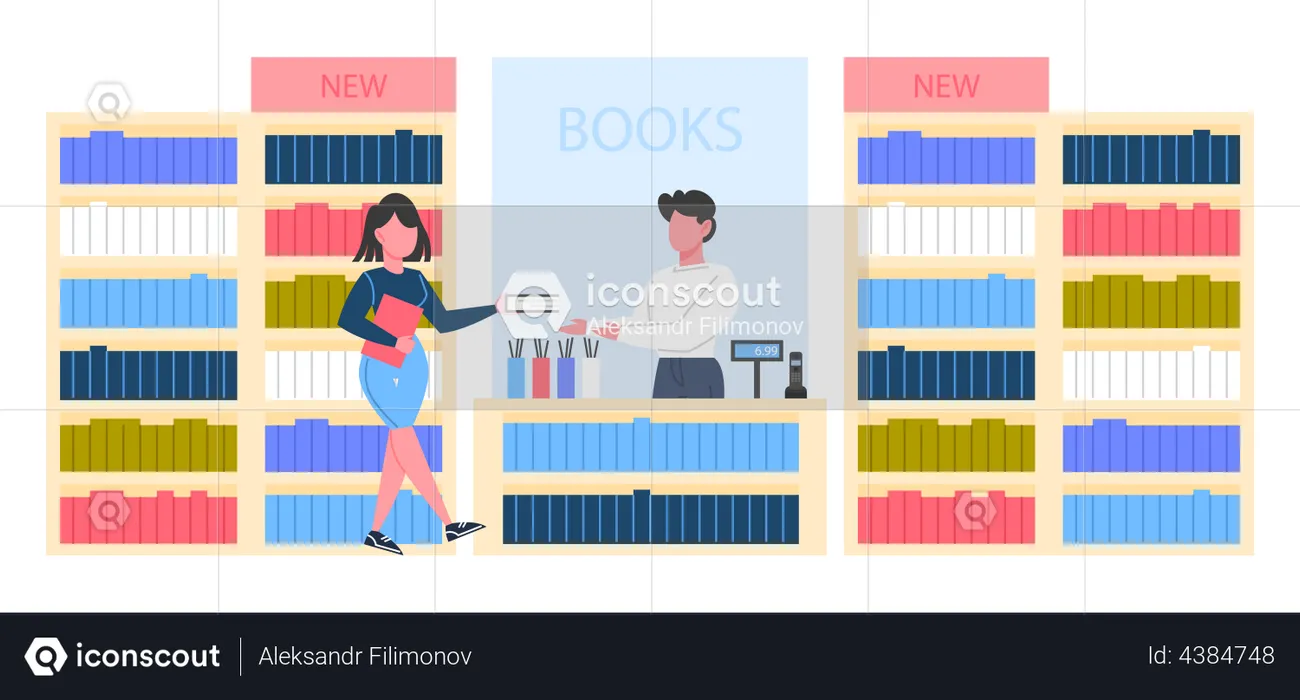 Girl buying book in bookstore  Illustration