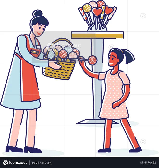 Girl buying candy on stick from candy shop female owner  Illustration