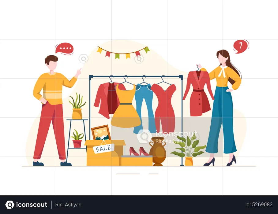 Girl Buying clothes at Fleamarket  Illustration