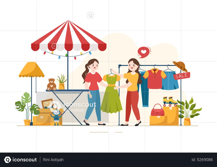 Girl Buying clothes at Fleamarket  Illustration