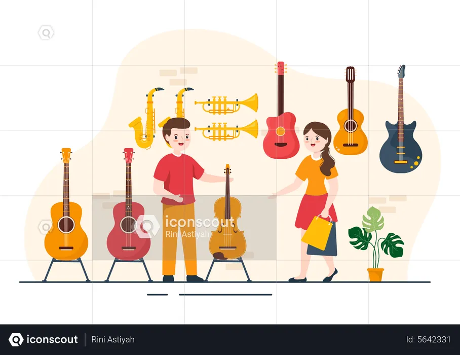 Girl Buying Guitar from music shop  Illustration