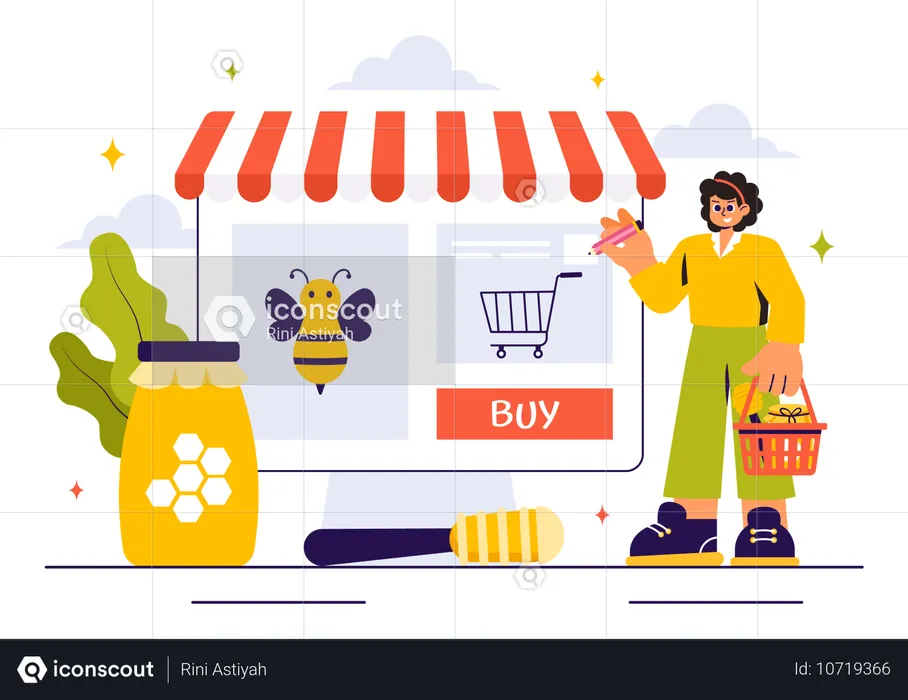 Girl buying honey from online store  Illustration