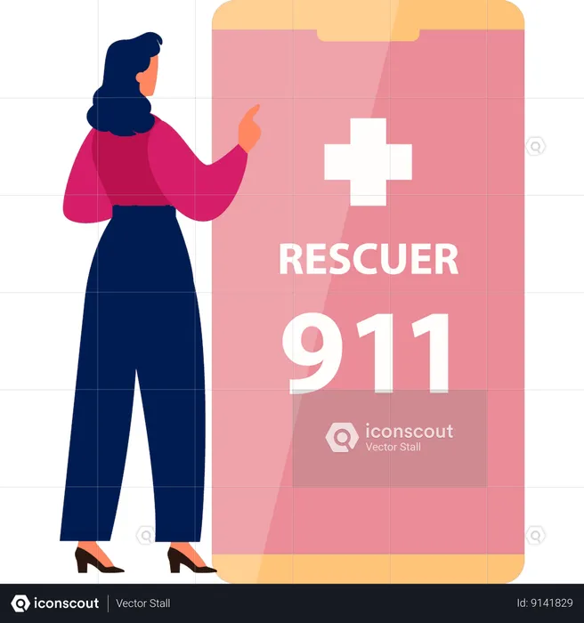 Girl Calling 911 Online On Mobile  Illustration