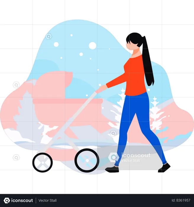 Girl carries a baby in a stroller  Illustration