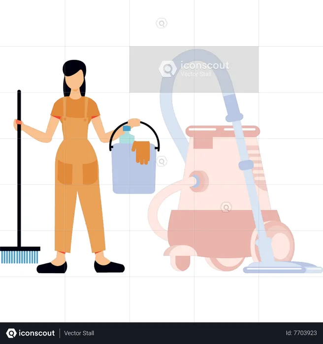 Girl carrying  bucket and brush  Illustration